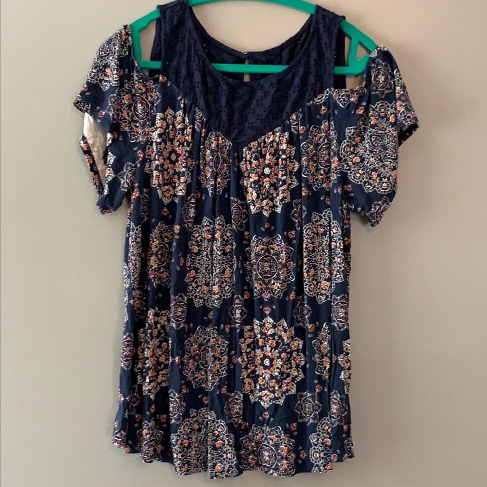 Navy with orange flowers cold shoulder top